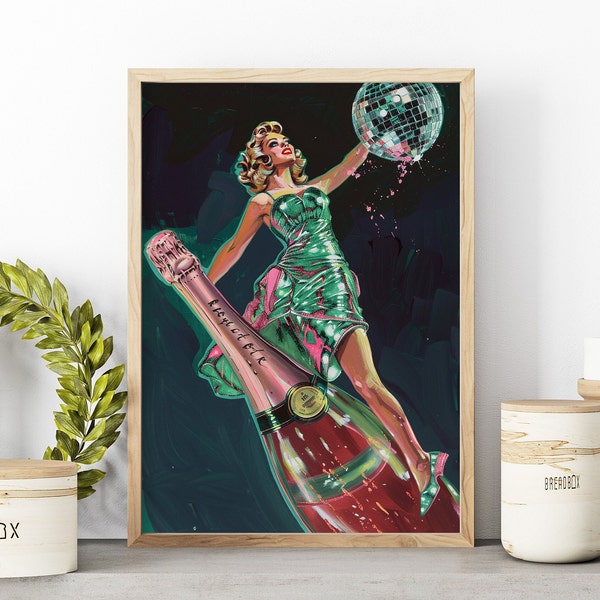 Beautiful Woman on a Champagne Bottle with Disco Ball Art Print, Vintage Woman Watercolor Painting, Retro Champagne Barcart Print Wall art