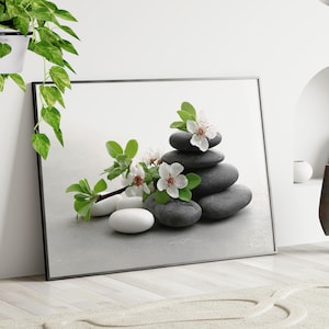Floral Zen Stones Wall Art Poster or Canvas Print, Minimalist Bathroom or Yoga Studio Wall Decor, Modern Stack Art Print, Housewarming Gift