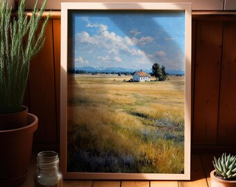 Lone House Country Landscape Wall Art Poster or Canvas Print, Countryside Painting, Scenic View Highlands Wall Art, Farmhouse Wall Decor