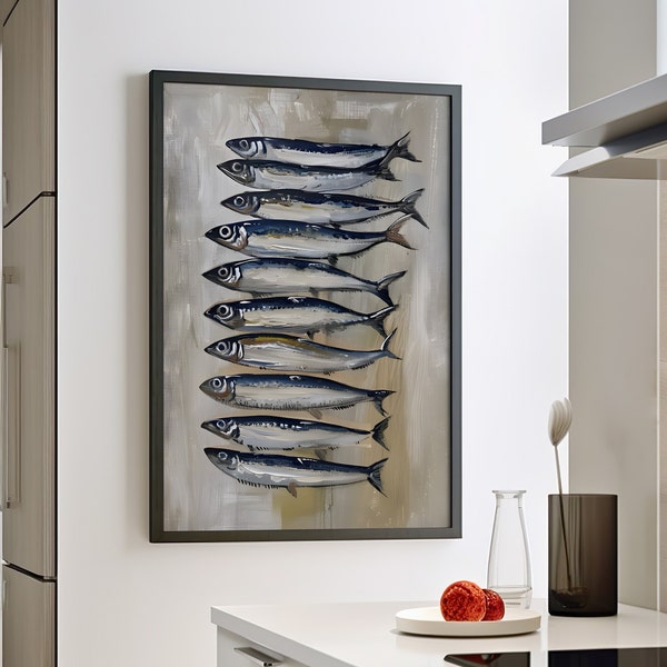 Fish Art Print Sardines Art Print Canvas or Poster Print, Seafood Sardine Oil Painting, Fish Food French Kitchen Wall Decor Oil Painting