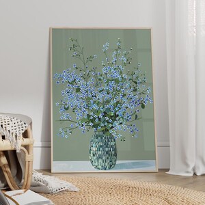 Impression d'art nature morte fleurs myosotis impression toile ou affiche, nature morte fleurs bleues style vintage herbe scorpion, impression d'art botanique