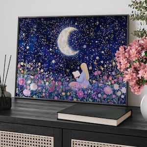 Starry Night Sky Girl Reading Book Under the Moon in a Dark Blue and Pink Poster or Canvas Print, Floral Field Magical Nursery Wall Decor