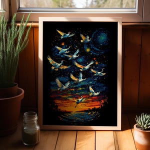 Flying Cranes in Swirling Sky Van Gogh Inspired Wall Art Poster or Canvas Print, Sunset Wall Art, Birds Flying in Galaxy Starry Night Print