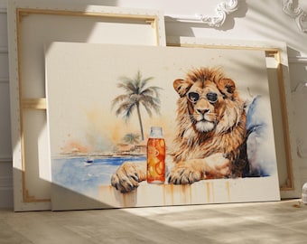 Rustic and Vintage Funny and Whimsical Lion on the Beach Wall Art