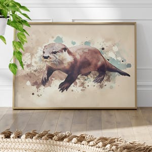 Watercolor Otter Painting Poster or Canvas Print, Wildlife Aquatic Animal Art Print Otter Illustration, Cute Nursery Print Kids Room Decor