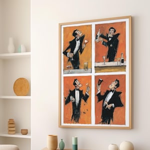 May include: A framed artwork featuring four panels of a cartoon bartender in a tuxedo. The bartender is shown in various poses, including mixing drinks and tasting a cocktail. The background is orange, and the artwork has a wooden frame.