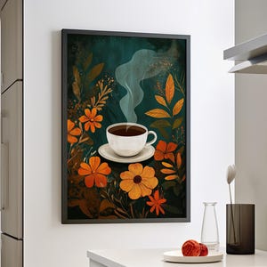 Autumn Coffee Cup Illustration Poster or Canvas Print, Rero Floral Botanical Wall Art, Vintage Tea Cup Art Print, Cozy Kitchen Wall Decor