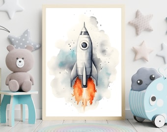 Nursery Decor Rocket Into Space, Nursery Wall Art Space Poster, Watercolor Space Nursery Print, Outer Space Print Wall Art, Space Theme Art