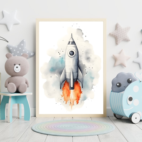 Nursery Decor Rocket Into Space, Nursery Wall Art Space Poster, Watercolor Space Nursery Print, Outer Space Print Wall Art, Space Theme Art