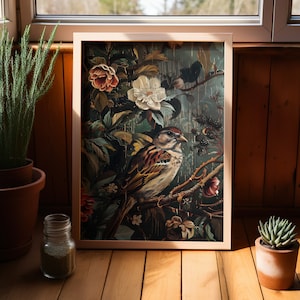 Stampa artistica da parete o su tela "Sparrow" di William Morris, regalo vintage per gli amanti degli uccelli di campagna, in stile Cottagecore Dark Academia, stile botanico di metà secolo