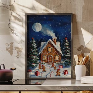 Festive Gingerbread House Snowy Christmas Night Art Poster or Canvas Print, Whimsical Holiday Decor, Magical Winter Starry Sky and Moon Art