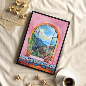 Mexican Flowering Cacti on the Window Sill Painting Poster or Canvas Print, Cactus in Pot Print, Whimsical Mexican Botanical Art Print