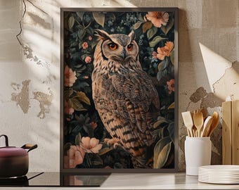 Owl in Garden Art Print William Morris Inspired Oil Painting Poster or Canvas Print, Dark Cottagecore Decor, Forest Bird Floral Owl Painting