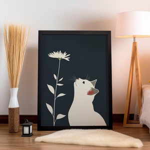 Minimalistische weiße Katze und Blume im japanischen Stil Kunstdruck oder Leinwand, wunderliche Blumenkatzenwandkunst, Katzenliebhabergeschenk Katzenillustration Blau