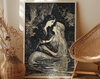 Mermaid and Fairy Love Wall Art Drawing Poster or Canvas Print, Gothic Dark Cottagecore Print, Vintage Fantasy Art Romantic Fairy Tale Decor