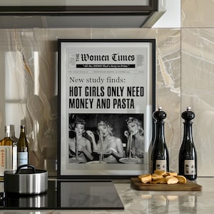 Vintage Newspaper Women Eating Pasta Poster or Canvas, Hot Girls Having Fun Wall Art, Black & White Print Girly Art, Bar Cart Wall Decor