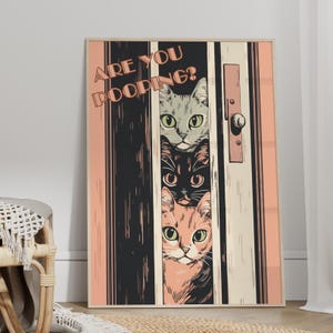 Funny Bathroom Cat Print Are You Pooping Toilet Wall Print Restroom Art, Maximalist Wall Art, College Cartoon Style Bathroom Wall Art Poster