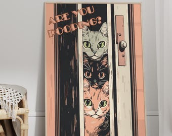Funny Bathroom Cat Print Are You Pooping Toilet Wall Print Restroom Art, Maximalist Wall Art, College Cartoon Style Bathroom Wall Art Poster