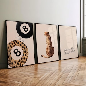 Dream Big Leopard Animal Print Set of 3 Wall Art Poster or Canvas, Trendy Lucky 8 Ball Preppy Art Print, Cheetah Inspirational Home Decor