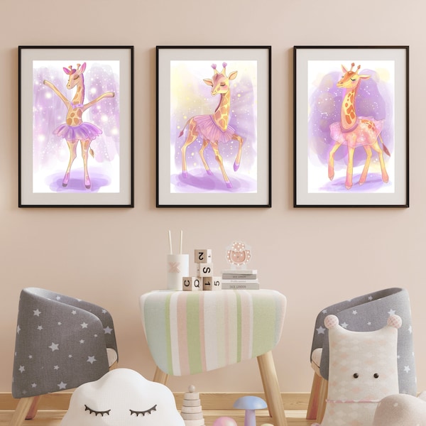 Set of 3 Ballerina Giraffe Wall Art, Kids Safari Nursery Girl Room Home Decor, Dancing Animal Print, Minimal Whimsical Purple Ballet Poster