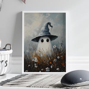 Little Wizard Ghost in Wildflower Field Oil Painting Poster or Canvas Print, Spooky Cute Ghost Whimsical Art Print, Cute Witch Ghost  Art