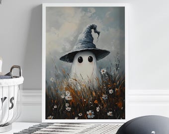 Little Wizard Ghost in Wildflower Field Oil Painting Poster or Canvas Print, Spooky Cute Ghost Whimsical Art Print, Cute Witch Ghost  Art