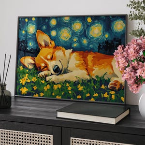 Sleeping Corgi Dog Van Gogh Inspired Painting Poster or Canvas Print, Corgi Portrait Starry Night Sky Abstract Nature Print, Kids Room Decor
