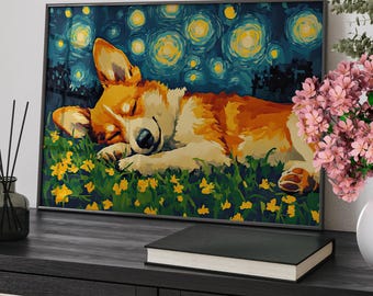 Sleeping Corgi Dog Van Gogh Inspired Painting Poster or Canvas Print, Corgi Portrait Starry Night Sky Abstract Nature Print, Kids Room Decor