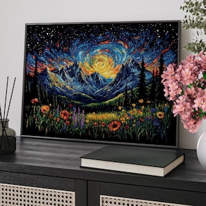 Rocky Mountains Swirling Starry Night Sky Van Gogh Inspired Wall Art Poster or Canvas Print, Colorful Wildflowers under Sunset Glow Wall Art