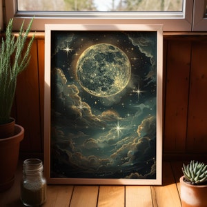 Celestial Moon Enchanting Night Sky Art Poster Print or Canvas, Celestial Stars, Goblincore Full Moon Magical Witchy Wall Art, Moon Painting