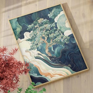 Abstract Sakura Tree Japanese Waterfall Wall Art Poster or Canvas Print, Traditional Asian Painting Nature Wall Decor, Chinese Home Decor