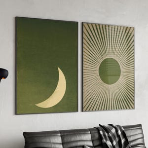 Boho Sun and Moon 2 Piece Set Wall Art Poster or Canvas Print, Sage Green Abstract Minimalist Wall Art, Olive Green Wall Art Nursery Decor