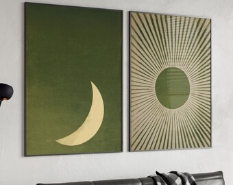 Boho Sun and Moon 2 Piece Set Wall Art Poster or Canvas Print, Sage Green Abstract Minimalist Wall Art, Olive Green Wall Art Nursery Decor