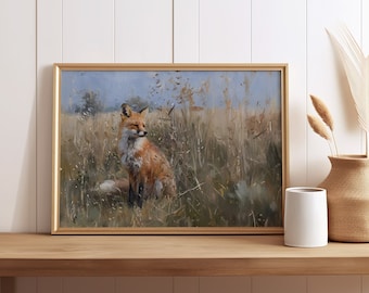 Fox in the Field Art Print or Canvas, Vintage Fox Print, Cottagecore Fox Wall Art, Woodland Fox Poster, Little Spring Wall Art Nursery Decor