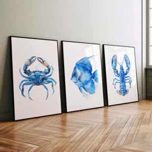Blue Coastal Nursery Wall Art Set of 3 Poster Print or Canvas, Minimalist Kids Room Decor, Watercolor Blue Sea Creatures, Baby Room Coastal