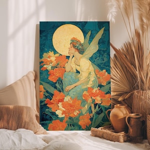 Vintage Flower Fairy Woman and Moon Wall Art Poster or Canvas Print, Garden at Night Print, Fairycore Abstract Floral Art Nouveau Wall Decor