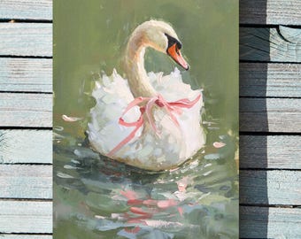 ピンクのリボンが付いた美しい白鳥の絵画またはキャンバス
