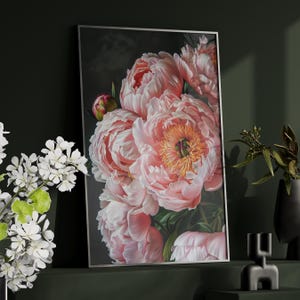 Pink Peony Flowers Contemporary Oil Painting Art Print or Canvas, Moody Pink Peonies Painting, Vintage Pink Flowers Botanical Poster