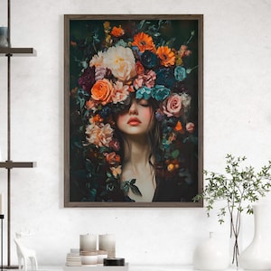 Flower Woman Portrait Hyper Realistic Painting Poster or Canvas Print, Floral Woman Wall Art, Cottagecore Decor, Female Portrait Dark Print