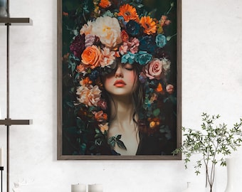Flower Woman Portrait Hyper Realistic Painting Poster or Canvas Print, Floral Woman Wall Art, Cottagecore Decor, Female Portrait Dark Print