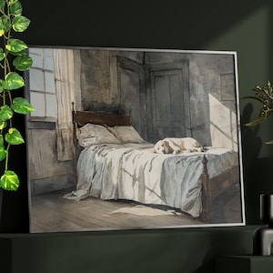 May include: Watercolor painting of a dog resting on a bed. The artwork depicts a light-colored dog lying on a bed with white linens. The room has a window with a curtain and a wooden bed frame. The painting is framed.