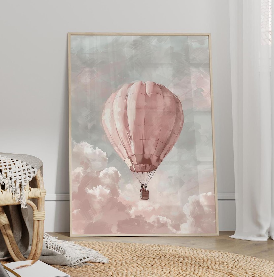 Pink Hot Air Balloon Floating in the Sky Cloudy Whimsical Wall Art ...