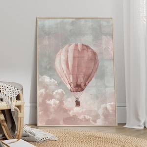 Pink Hot Air Balloon Floating in the Sky Cloudy Whimsical Wall Art Nursery Poster or Canvas Print, Hot Air Balloon Print, Girls Room Decor