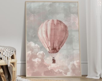 Pink Hot Air Balloon Floating in the Sky Cloudy Whimsical Wall Art Nursery Poster or Canvas Print, Hot Air Balloon Print, Girls Room Decor