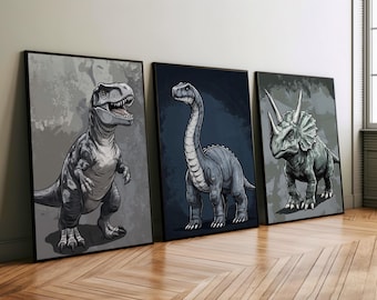 Dinosaurs Set of 3 Wall Art Poster or Canvas, Boys Room Wall Decor, Maximalist Baby Boy Nursery Dino Wall Art, Kids Room Dinosaur Art Prints