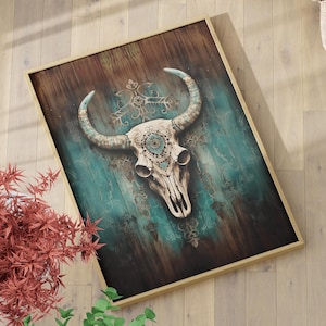 Aztec Bull Skull Art Print or Canvas, Western Boho Country Style Bull Skull, Country Gothic Bull Skull Wall Decor, Vintage Western Poster