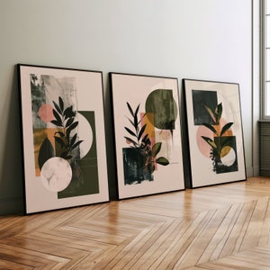 Pôster ou tela Boho em tom de terra botânico abstrato, conjunto de ilustrações de formas abstratas estéticas minimalistas de 3 arte de parede, abstrato geométrico