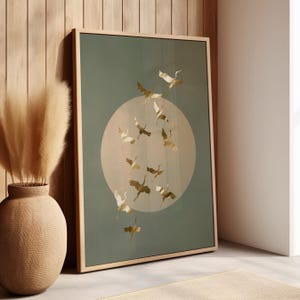 Sun and Cranes Art Print Poster or Canvas, Golden Flying Cranes Art Japanese Bird Minimalist Birds in Flight Retro Asian Nature Wall Art