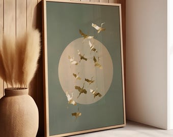 Sun and Cranes Art Print Poster or Canvas, Golden Flying Cranes Art Japanese Bird Minimalist Birds in Flight Retro Asian Nature Wall Art