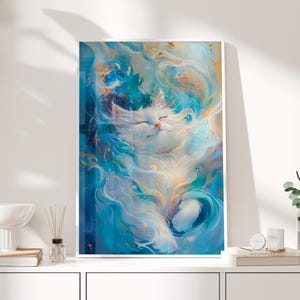 Abstract White Cat Ethereal Painting Poster or Canvas Print, Cute Cat Fantasy Art Animal Print, Magical Cat Print, Chinese Kitten Painting